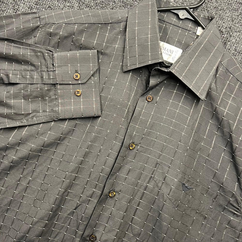 Armani Collezioni Mens Grey Grid Check Button Down Shirt Logo Italy Size M 39-40